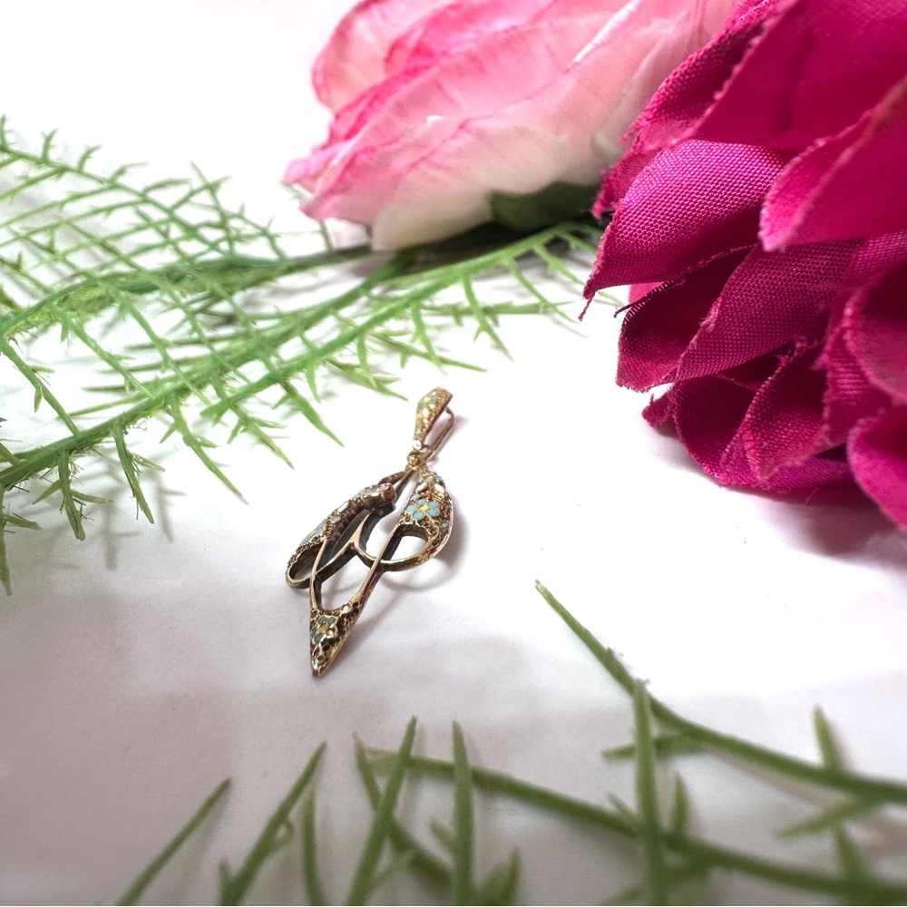 Vintage ⚜️ 14K Gold Enameled Art Nouveau Teardrop Pendant - Picture 6 of 12